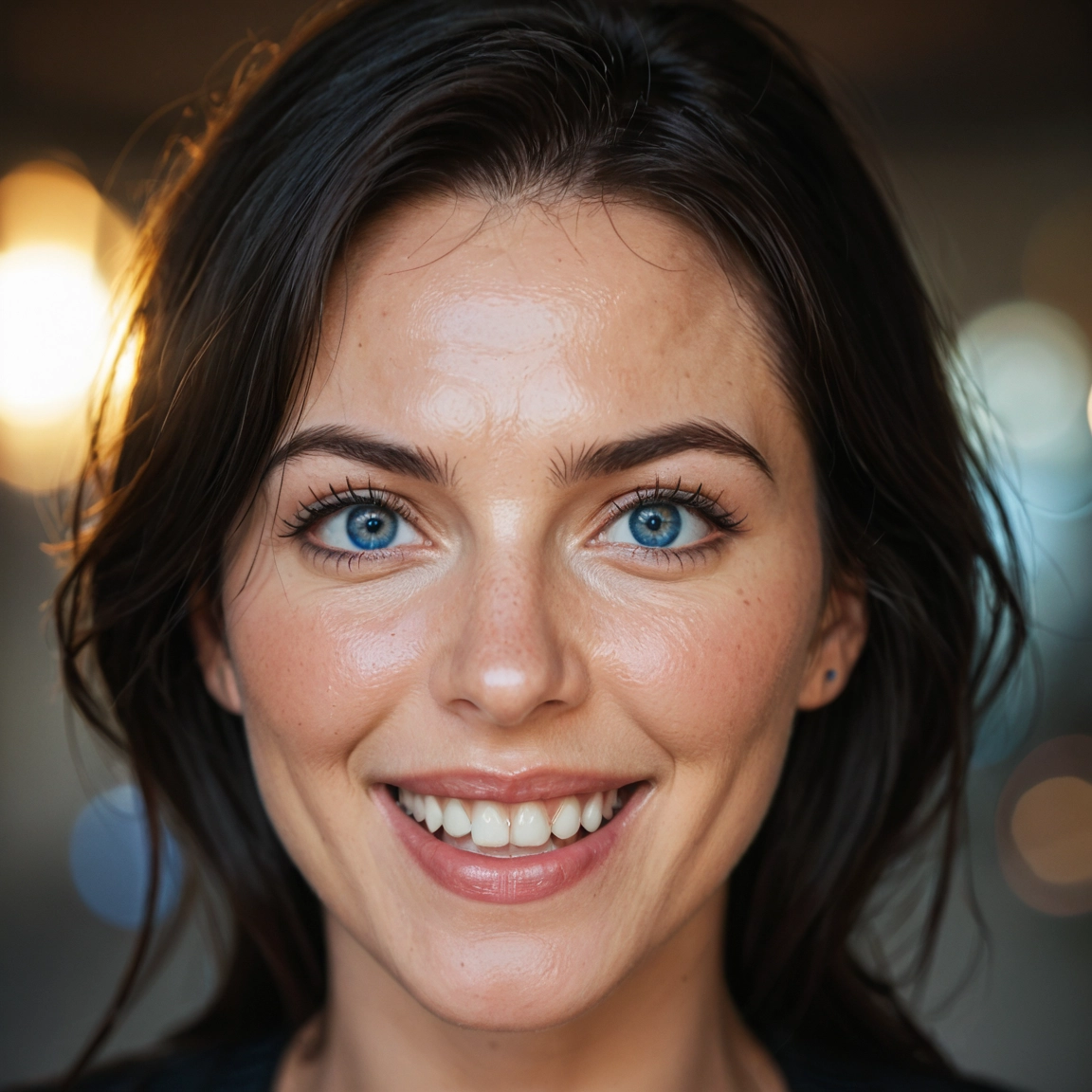 1girl, solo, blue eyes, smile, black hair, teeth · Yamete.gg