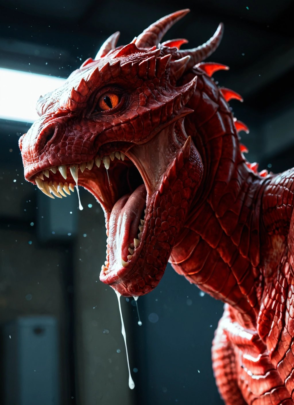 no humans, open mouth, tongue, saliva, teeth, horns · Yamete.gg