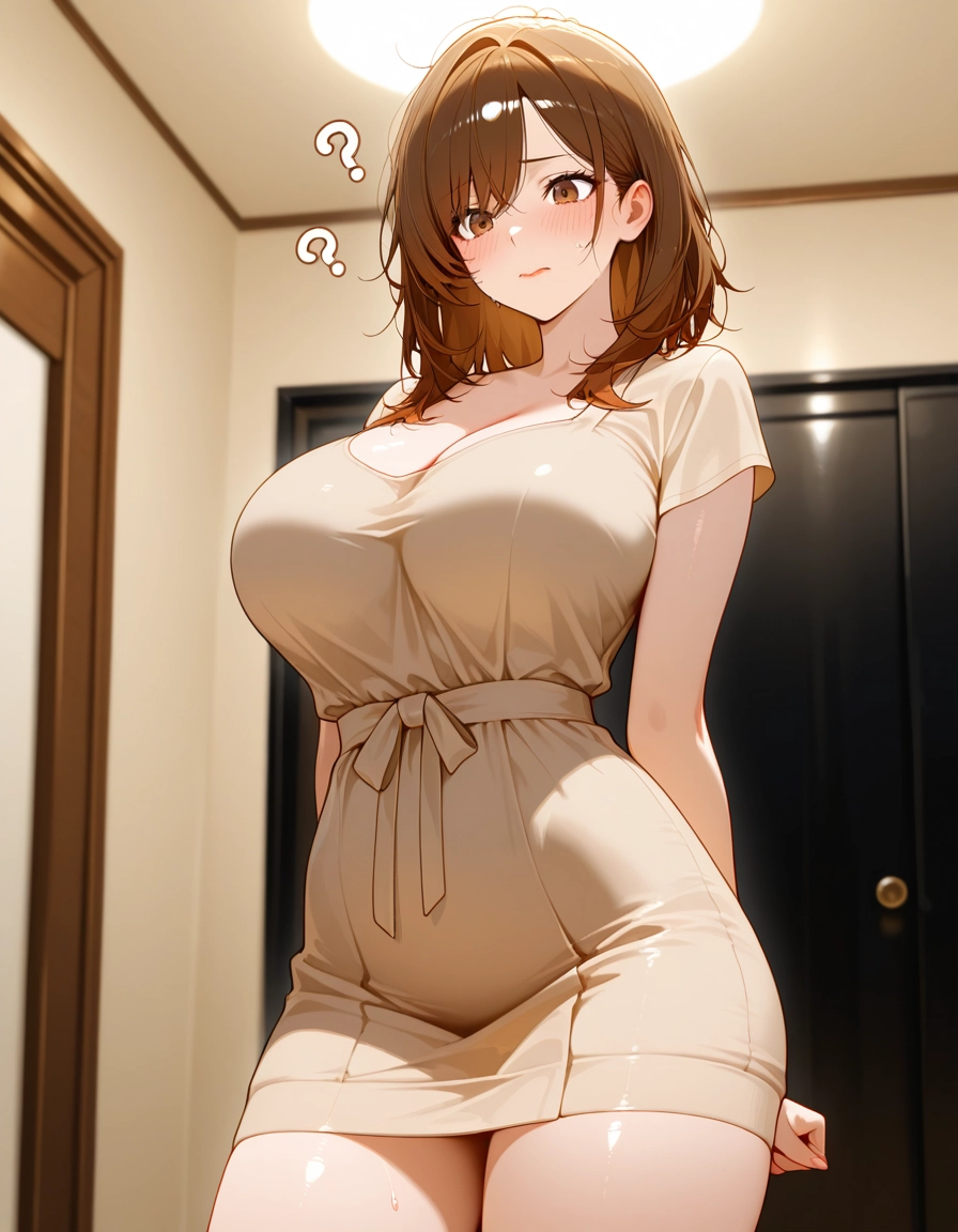 1girl, breasts, brown hair, solo, blush, dress · Yamete.gg