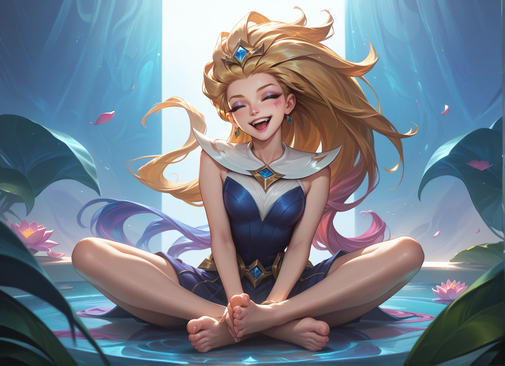 1girl, blonde hair, barefoot, long hair, closed eyes, jewelry · Yamete.gg