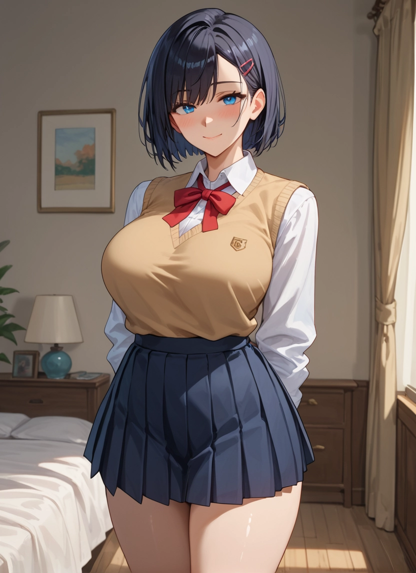 1girl, skirt, breasts, blue eyes, hair ornament, solo · Yamete.gg