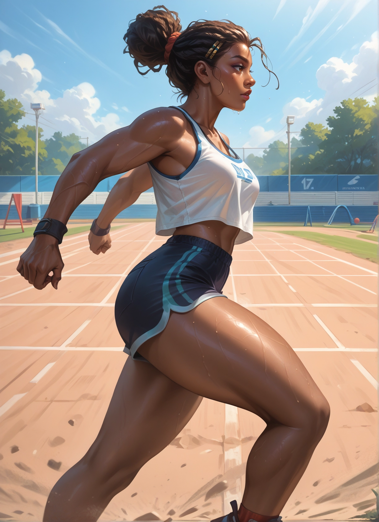 1girl, shorts, solo, dark skin, sweat, breasts · Yamete.gg