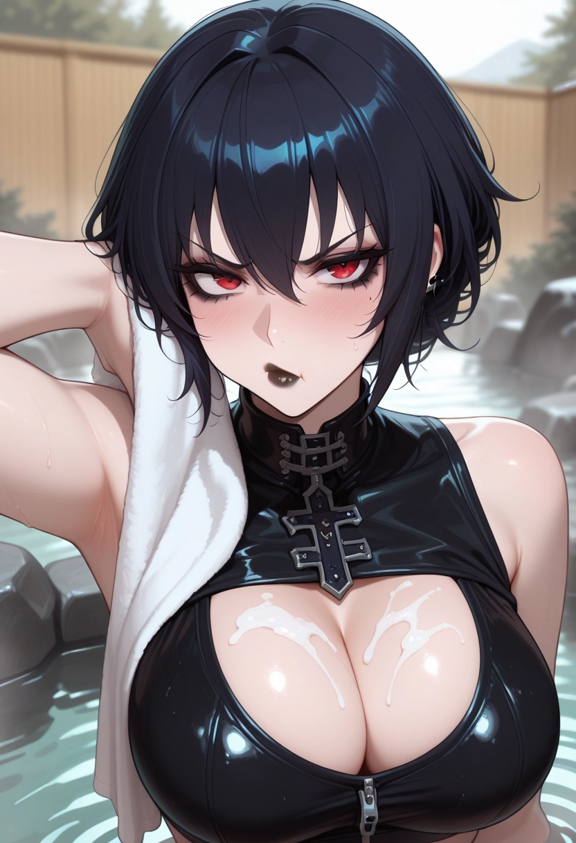1girl, breasts, red eyes, solo, towel, black hair · Yamete.gg