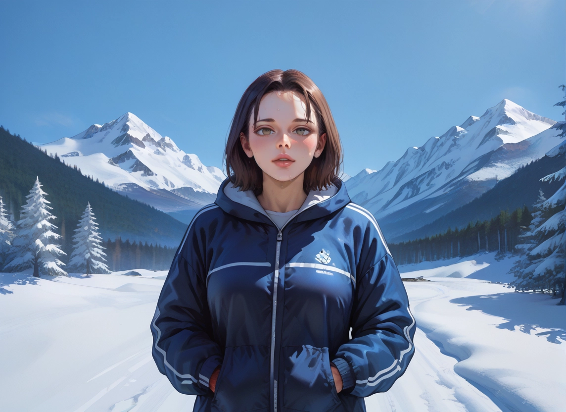 1girl, solo, brown hair, snow, hands in pockets, brown eyes