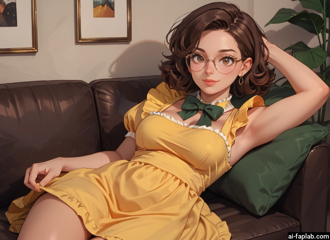 1girl, brown hair, glasses, solo, armpits, dress · Yamete.gg