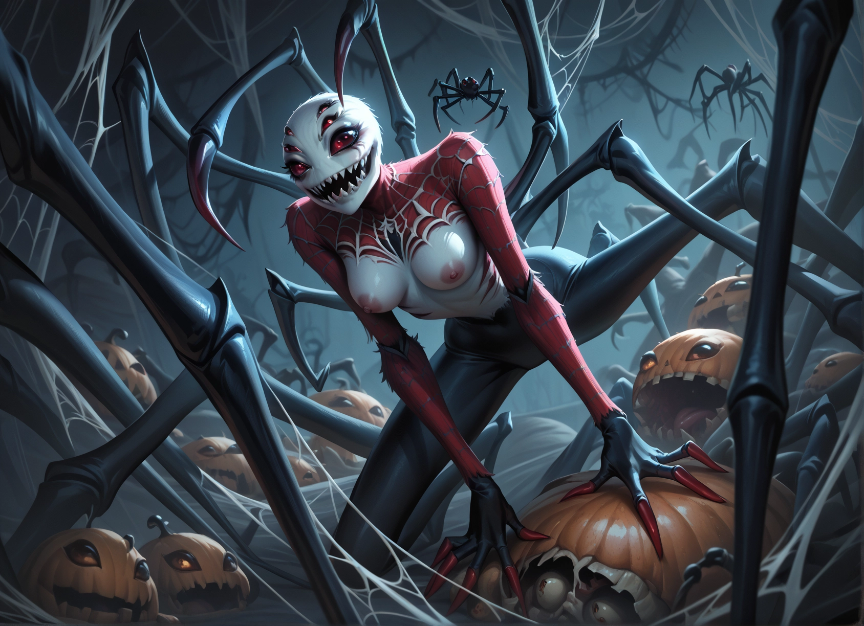 breasts, nipples, arthropod girl, teeth, 1girl, red eyes · Yamete.gg