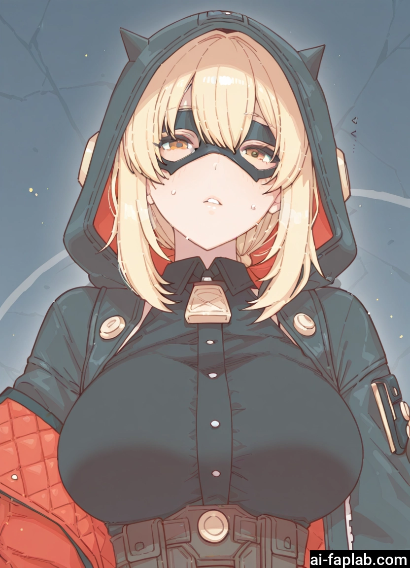 1girl, breasts, solo, hood, blonde hair, mask