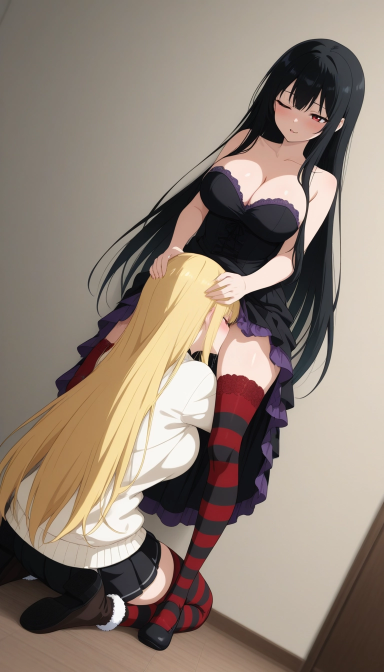 multiple girls, 2girls, thighhighs, breasts, black hair, yuri