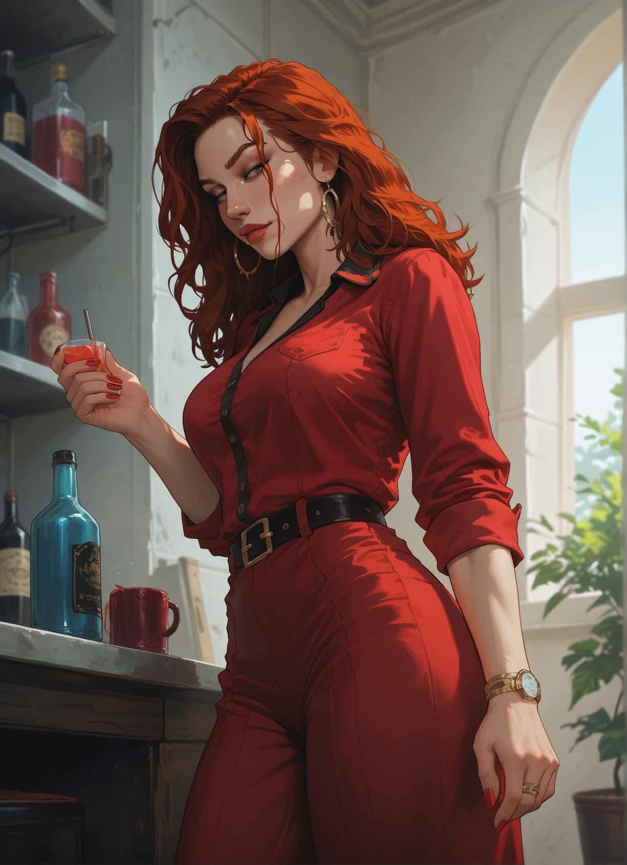 1girl, jewelry, earrings, watch, wristwatch, solo · Yamete.gg