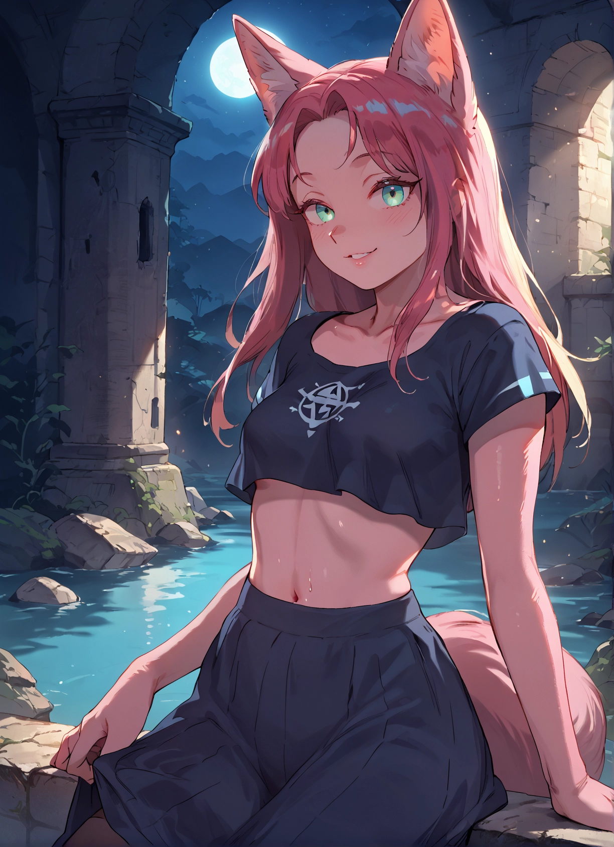 animal ears, 1girl, skirt, tail, solo, navel · Yamete.gg