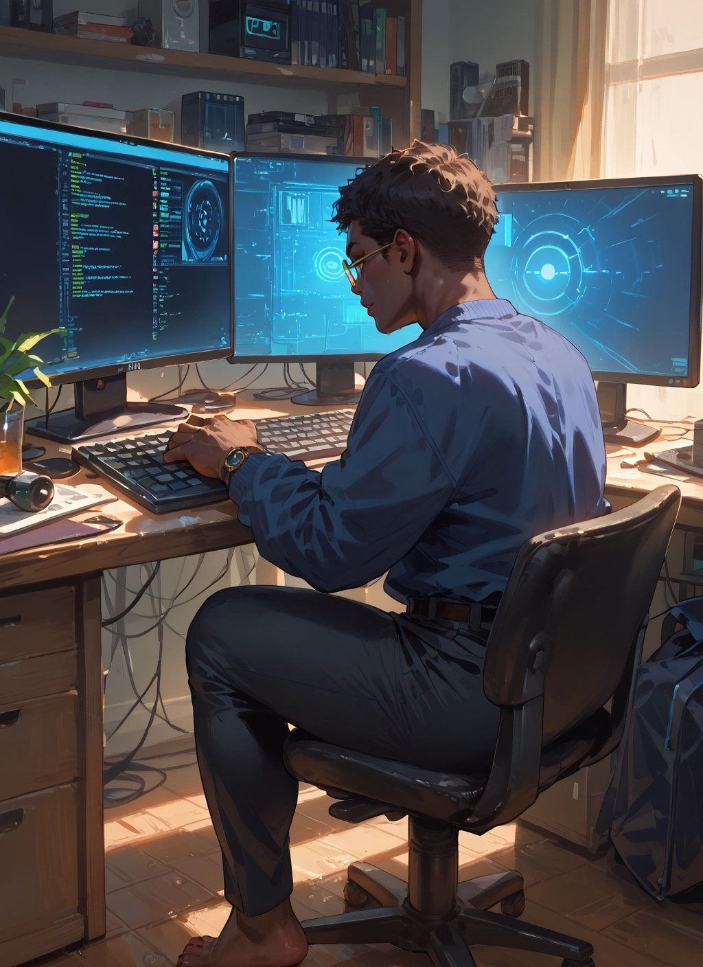 1boy, male focus, barefoot, watch, glasses, chair · Yamete.gg