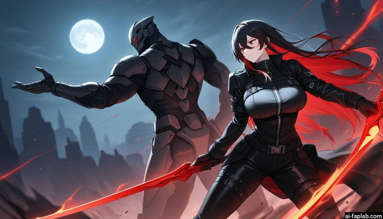 1girl, weapon, moon, long hair, red eyes, sword
