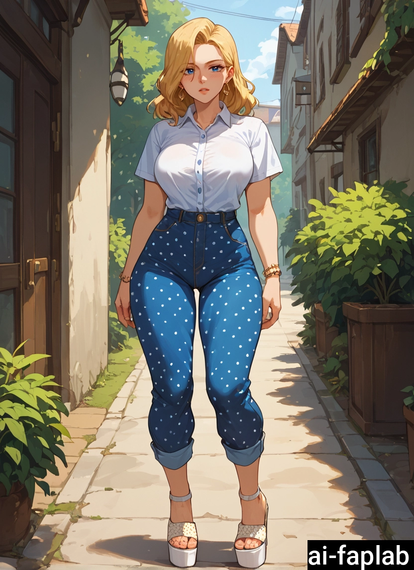 1girl, high-waist pants, blonde hair, shirt, blue eyes, solo