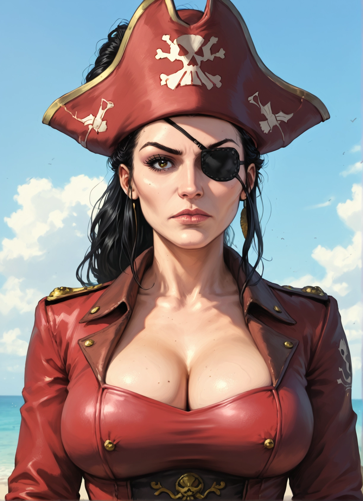 1girl, breasts, eyepatch, solo, hat, cleavage · Yamete.gg