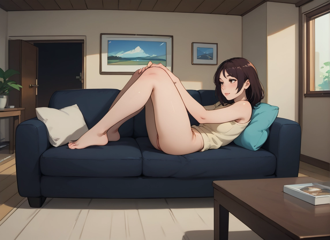 1girl, brown hair, solo, barefoot, couch, indoors