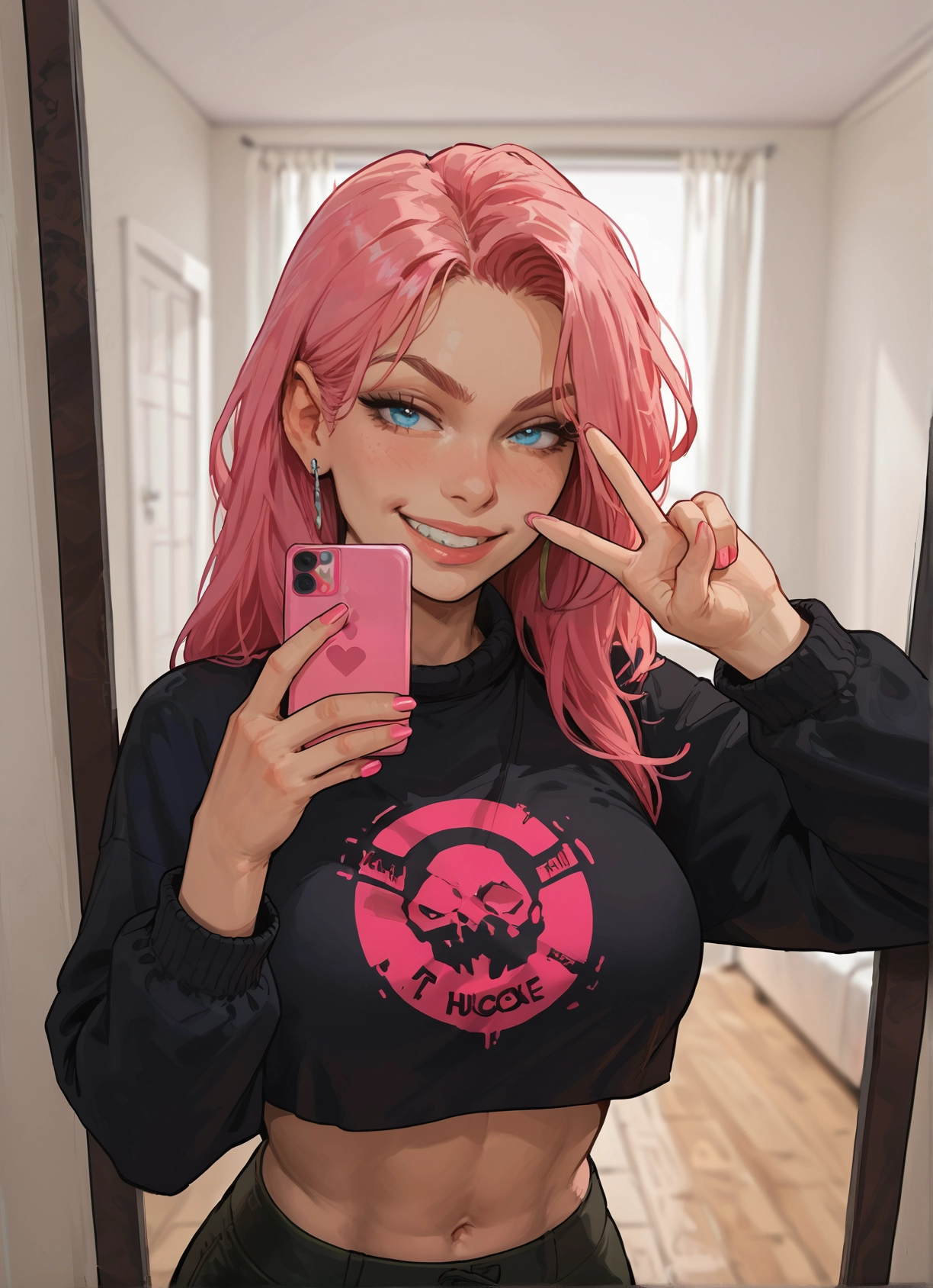 1girl, pink hair, phone, navel, jewelry, solo · Yamete.gg