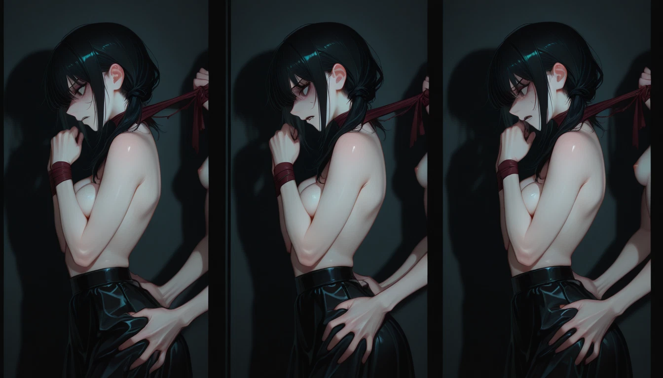 breasts, multiple girls, black hair, topless, yuri, bound wrists