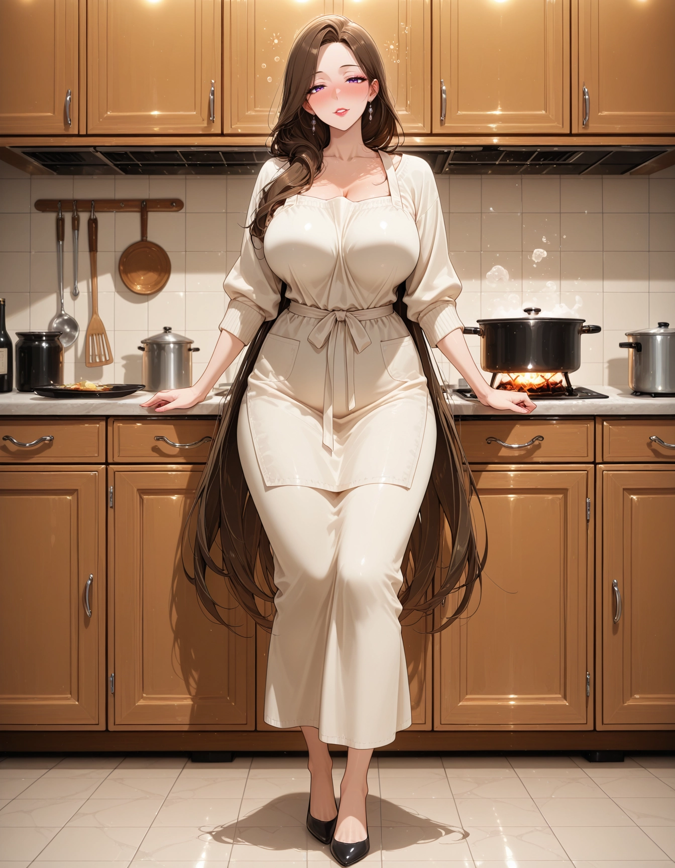 1girl, long hair, breasts, jewelry, apron, earrings