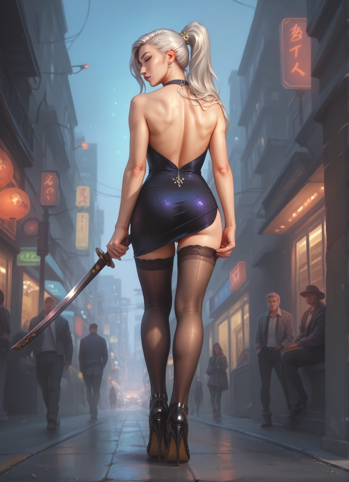 weapon, thighhighs, sword, ass, dress, high heels · Yamete.gg