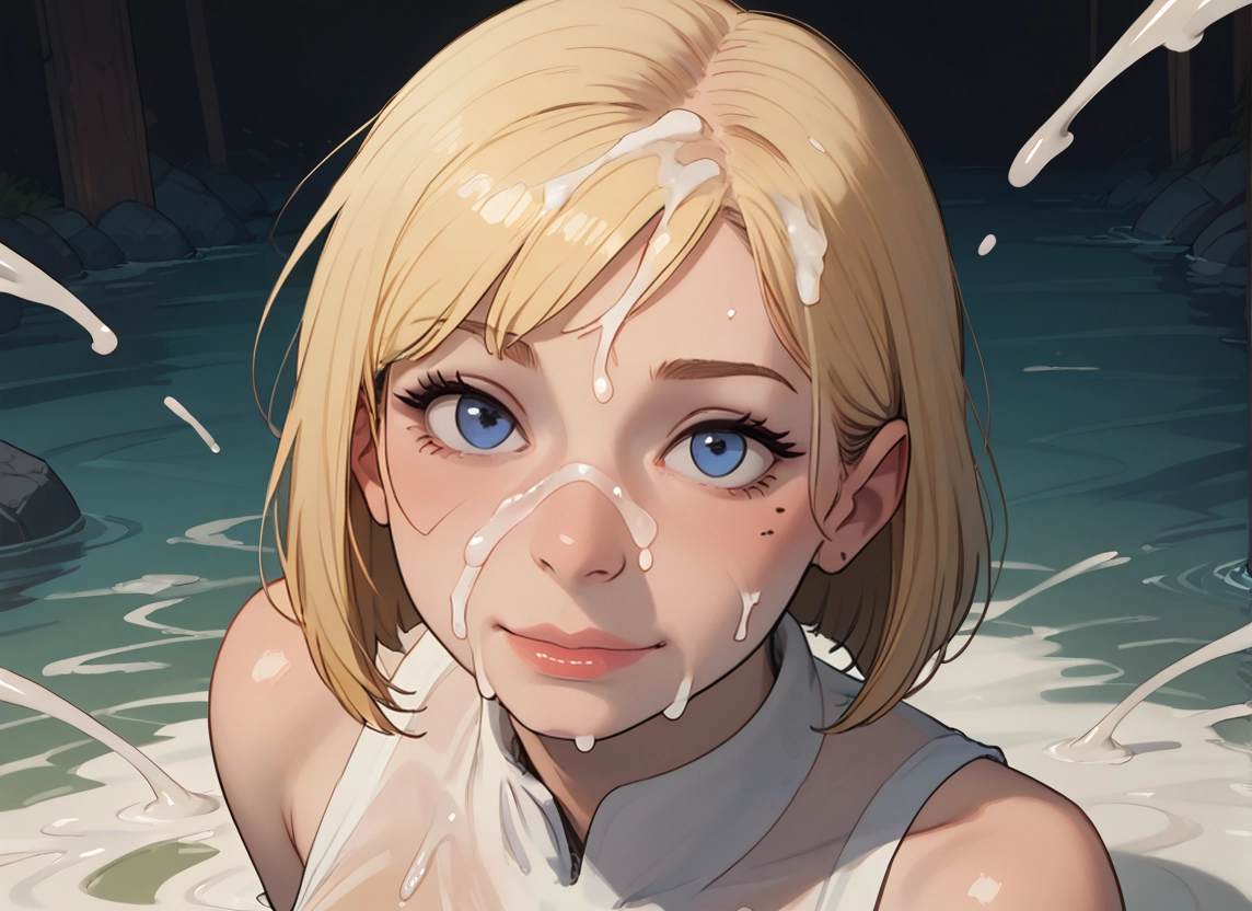 1girl, blonde hair, blue eyes, cum, solo, mole under eye · Yamete.gg