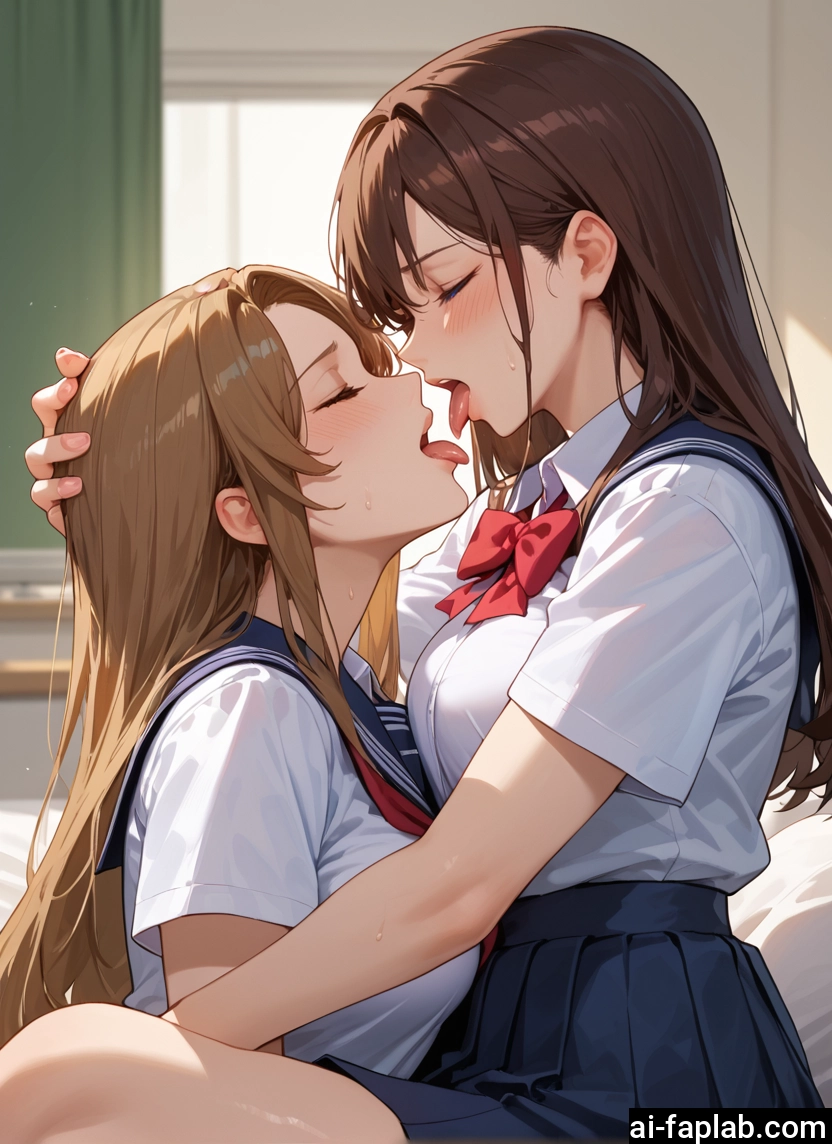 multiple girls, 2girls, yuri, school uniform, skirt, brown hair · Yamete.gg