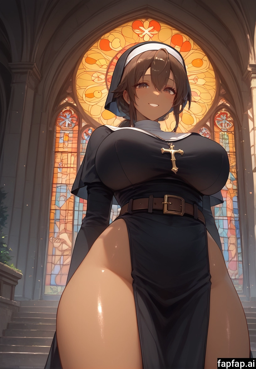 1girl, breasts, nun, church, solo, brown hair · Yamete.gg
