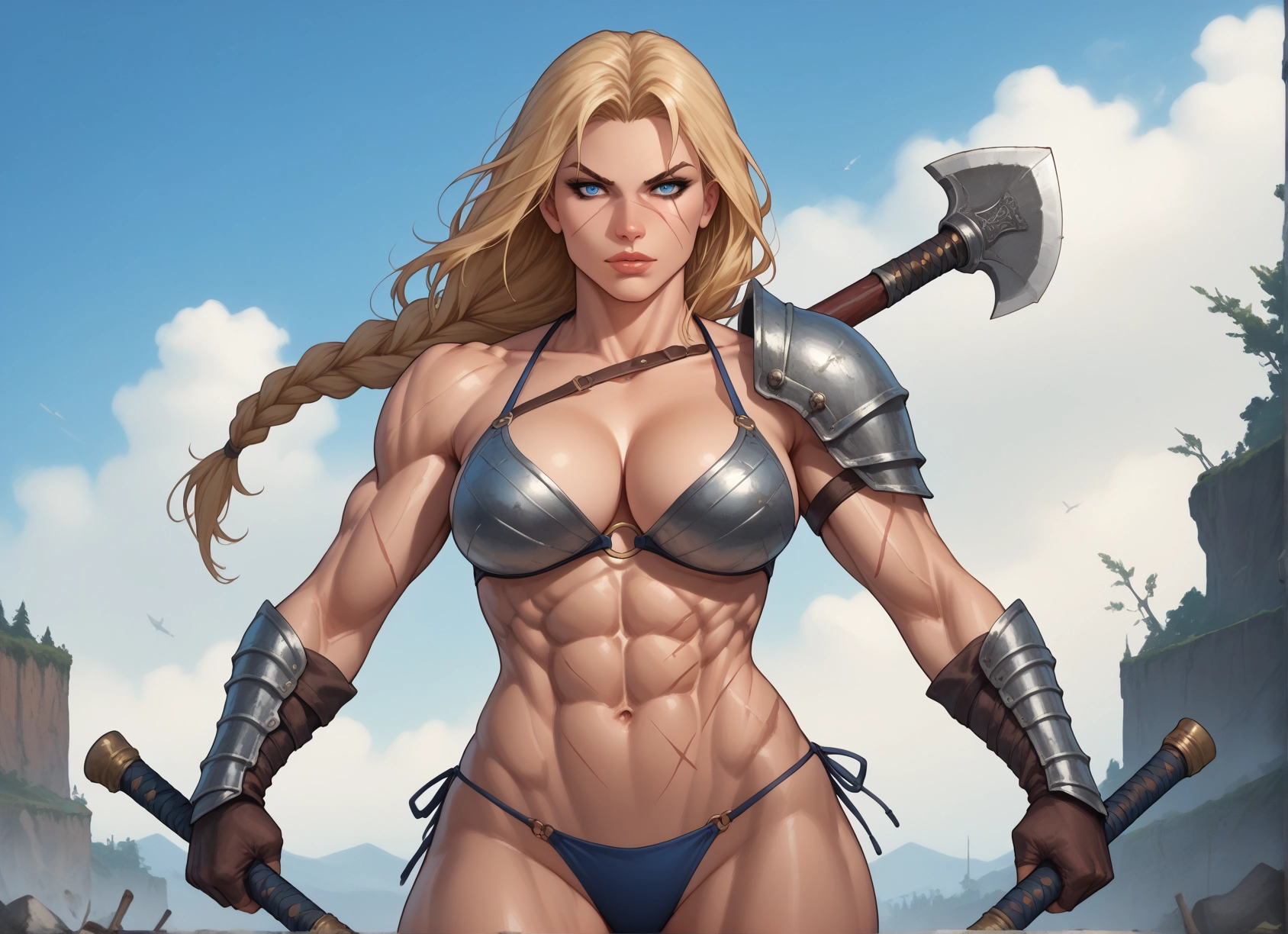 1girl, armor, blonde hair, muscular, abs, blue eyes · Yamete.gg