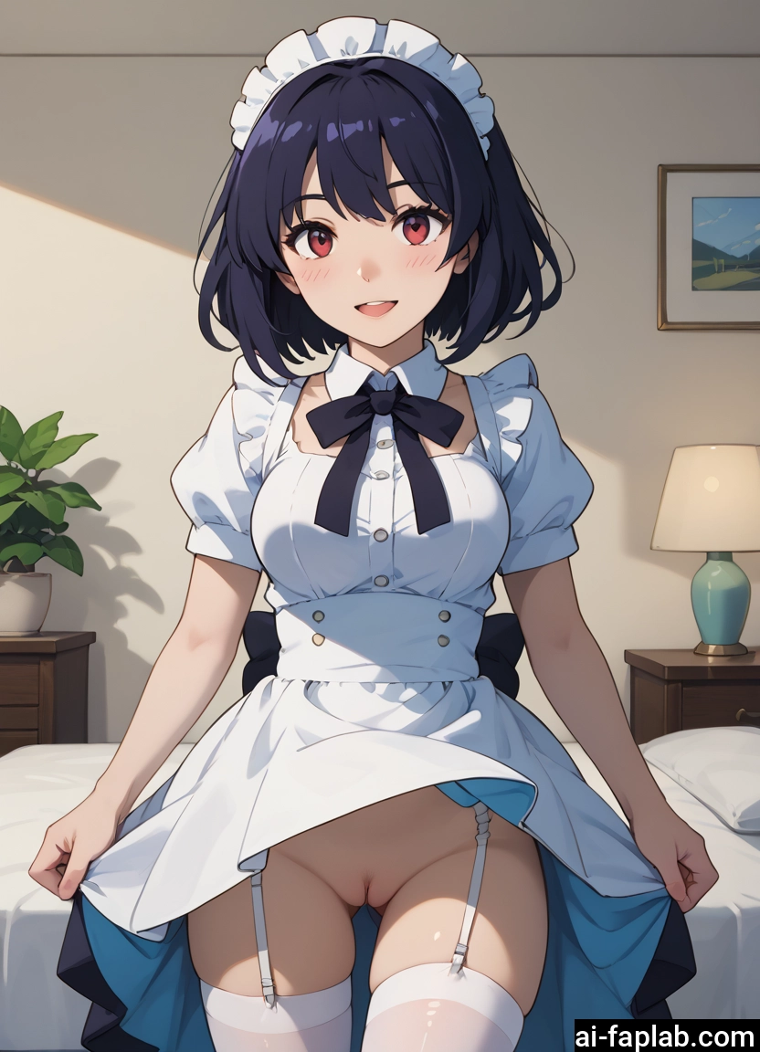 1girl, solo, pussy, thighhighs, maid headdress, open mouth