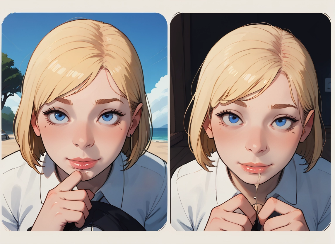 1girl, blonde hair, shirt, blue eyes, mole under eye, looking at viewer