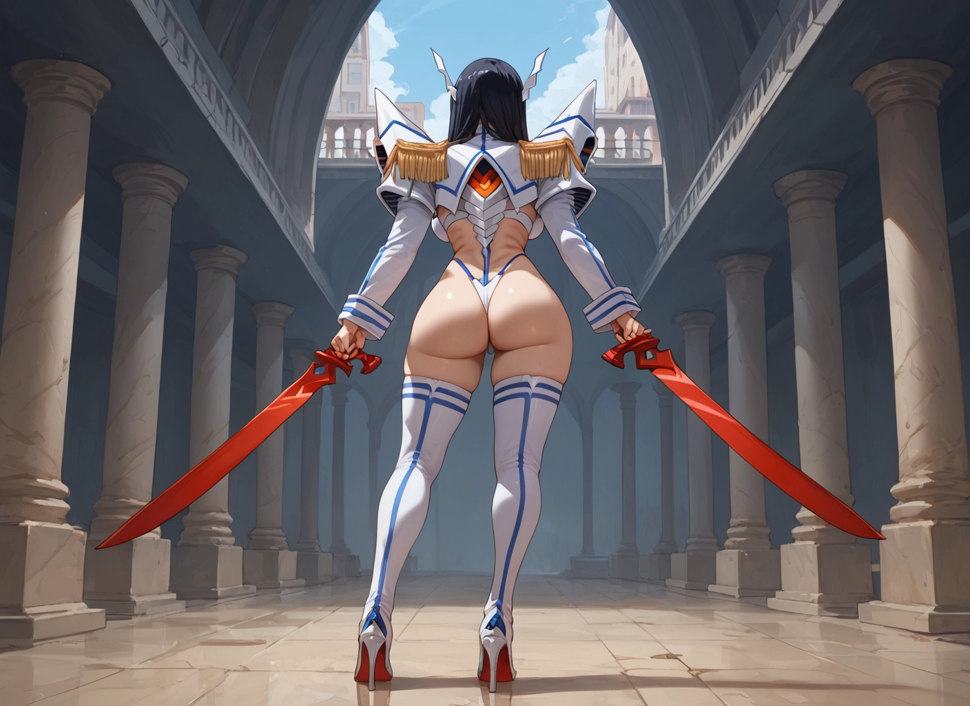 1girl, ass, weapon, thighhighs, sword, high heels