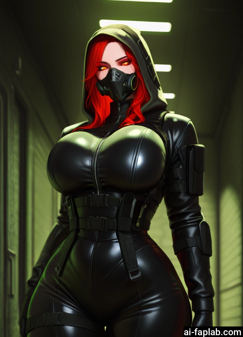 1girl, breasts, red hair, bodysuit, mask, hood · Yamete.gg