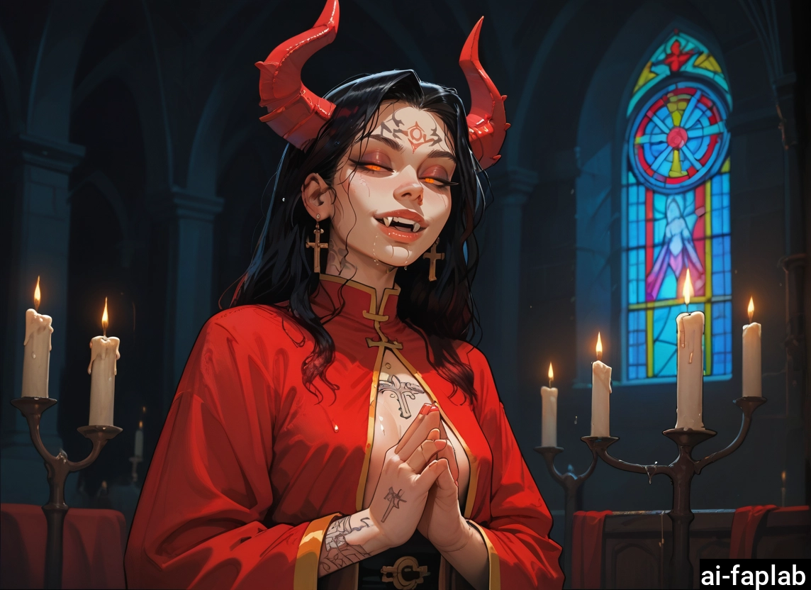 1girl, horns, jewelry, black hair, cross, candle · Yamete.gg