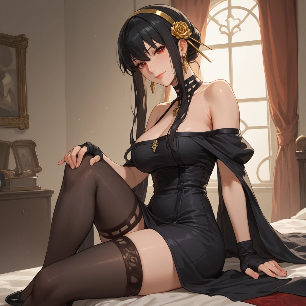 1girl, solo, yor briar, breasts, gloves, dress · Yamete.gg
