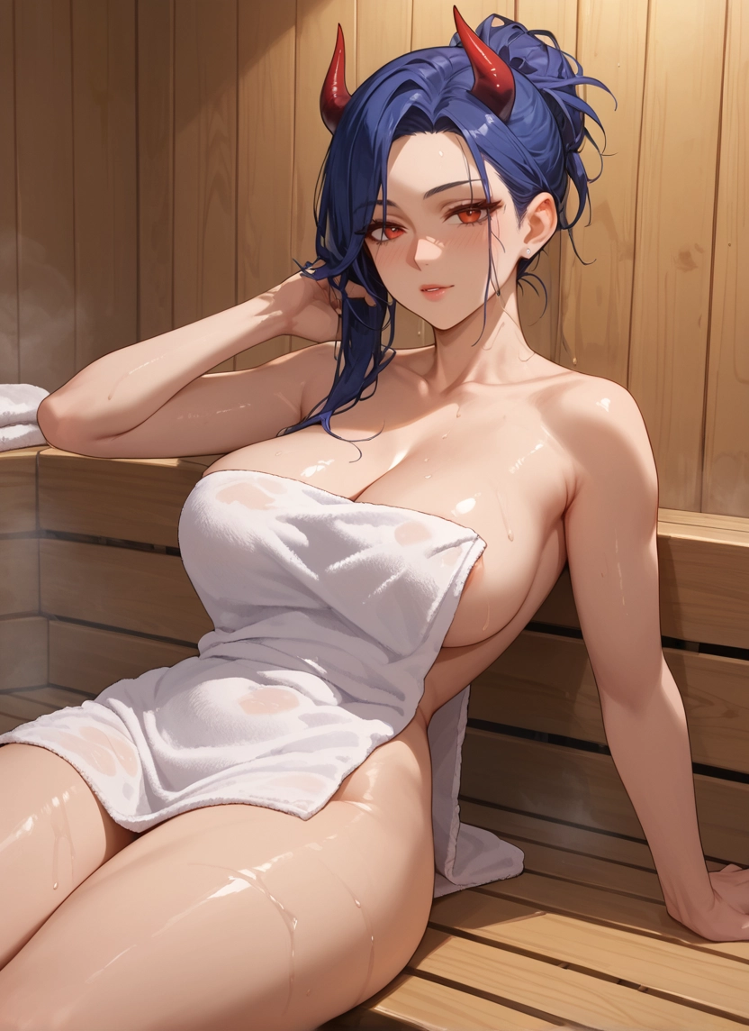 breasts, 1girl, horns, towel, large breasts, sitting · Yamete.gg