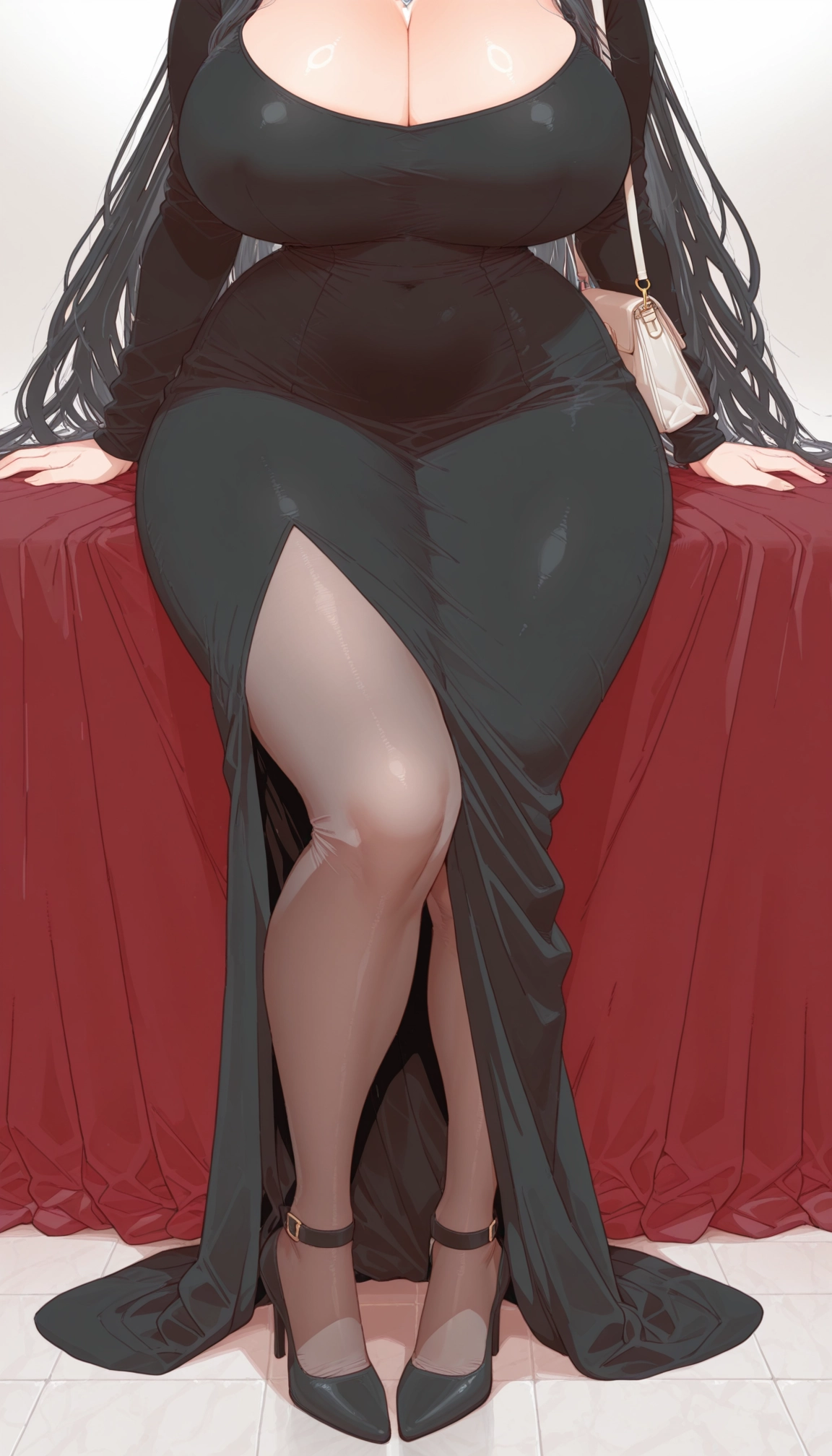 1girl, breasts, dress, bag, long hair, cleavage · Yamete.gg