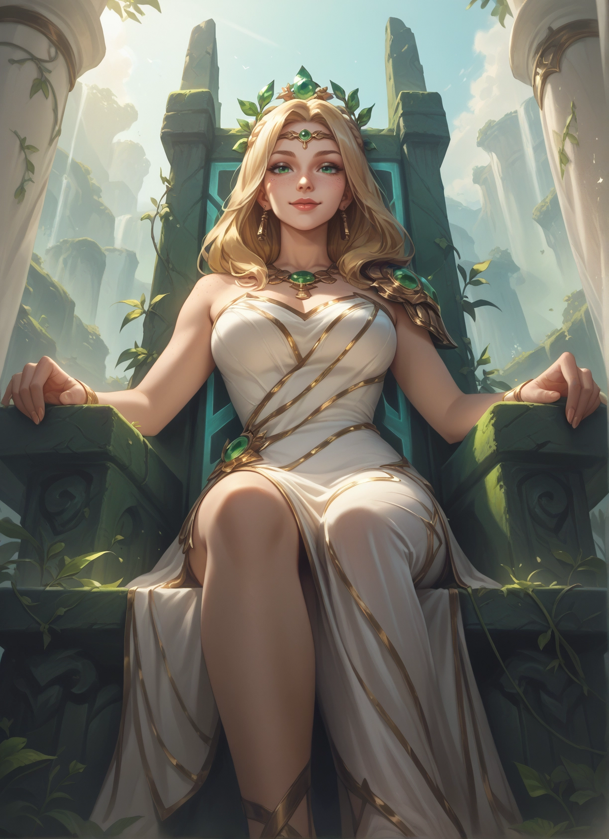 1girl, blonde hair, jewelry, dress, breasts, sitting · Yamete.gg