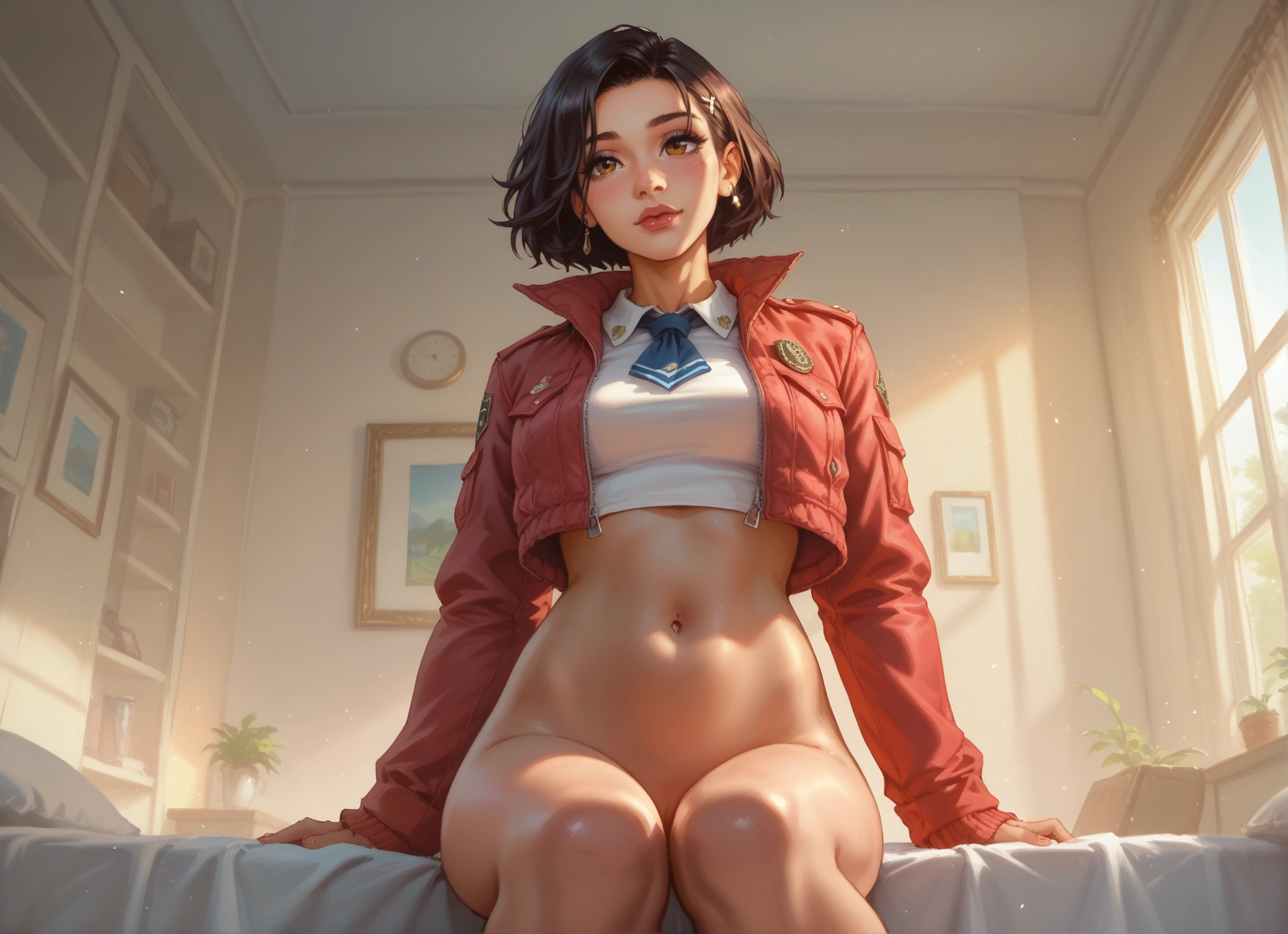 1girl, navel, solo, jacket, sitting, short hair · Yamete.gg