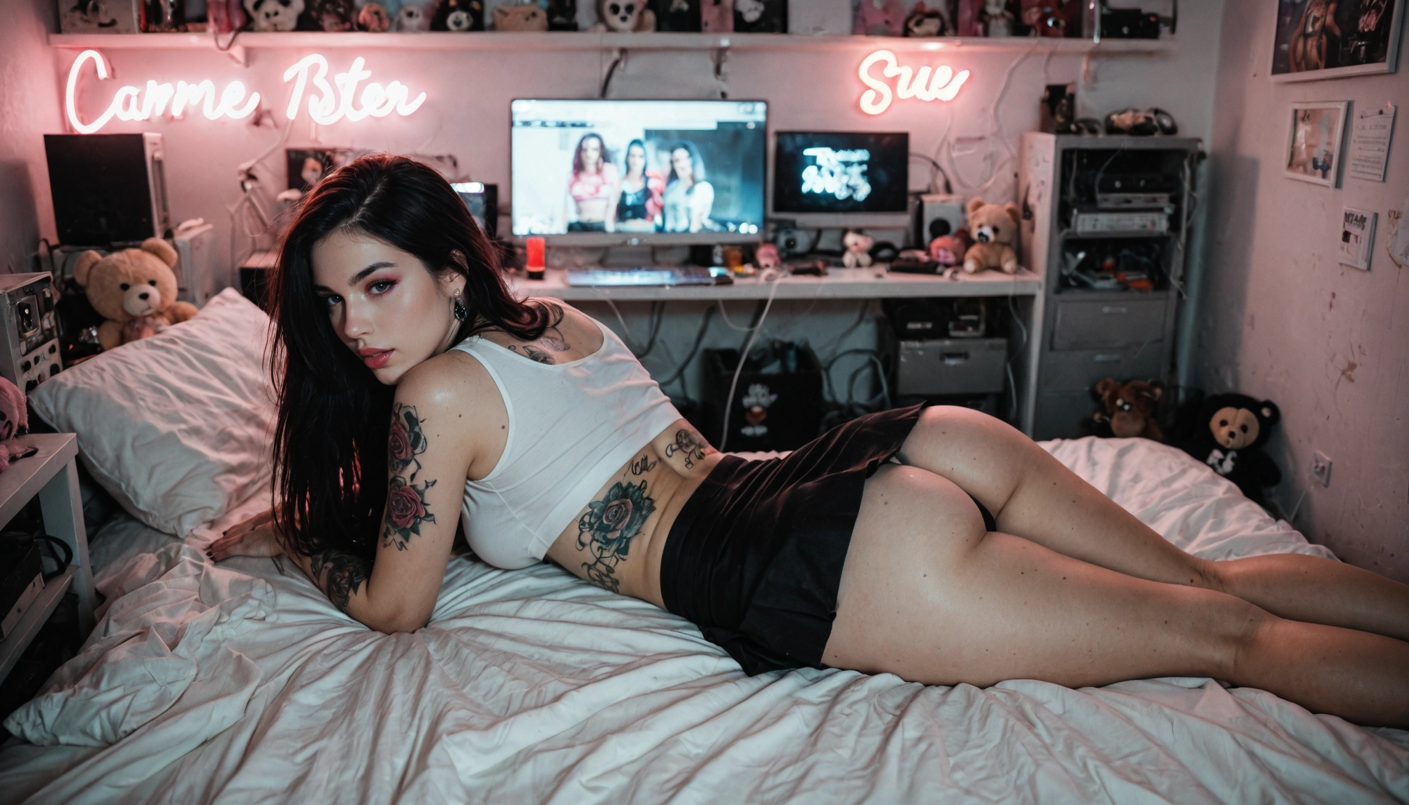 1girl, ass, lying, tattoo, skirt, on stomach · Yamete.gg