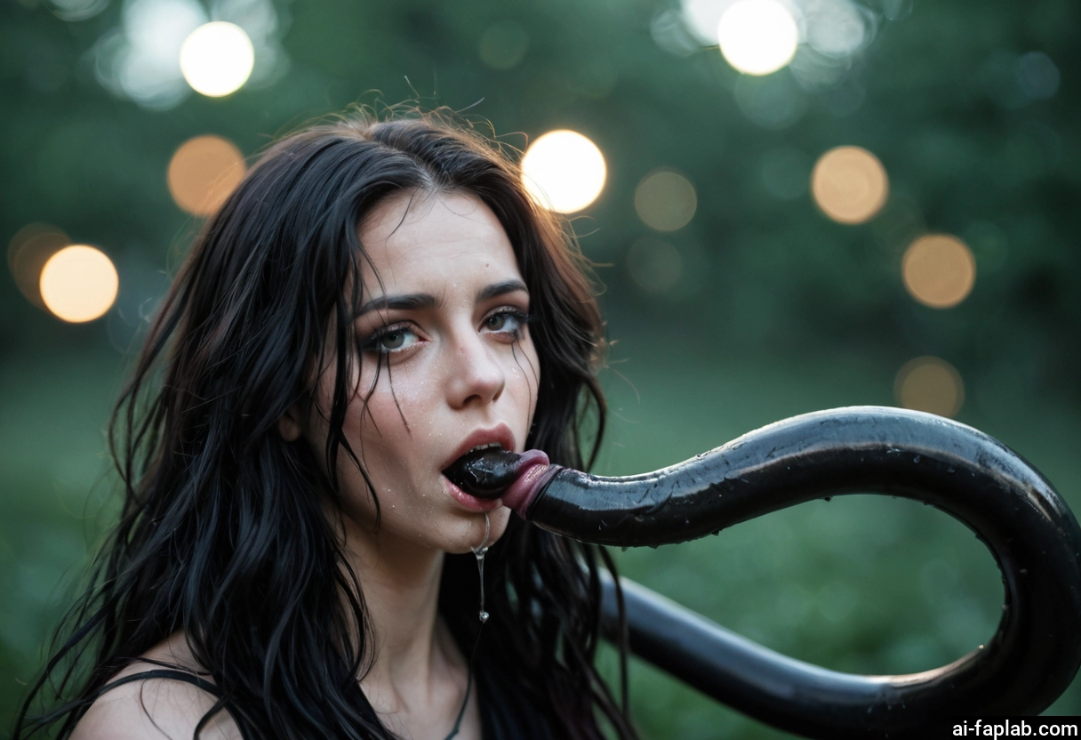1girl, solo, tongue, long hair, black hair, saliva
