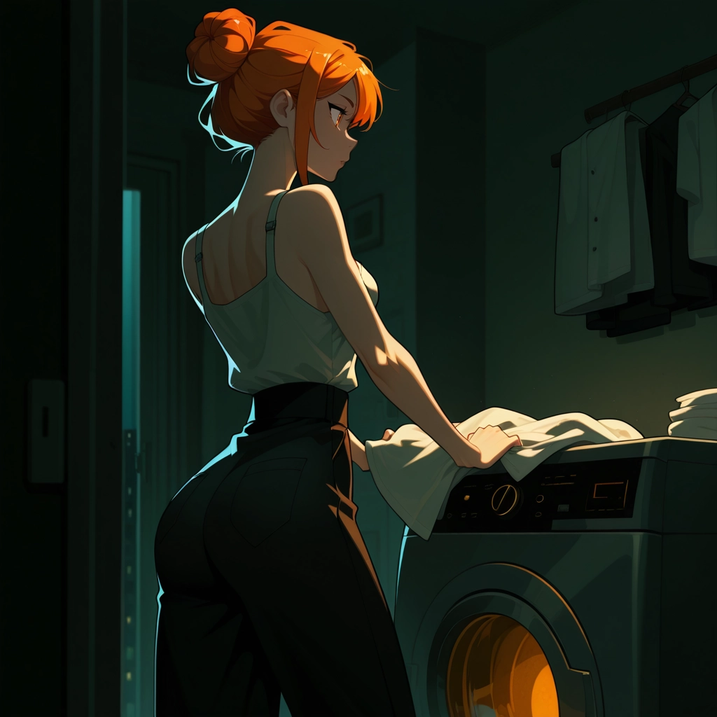 1girl, pants, orange hair, solo, hair bun, ass · Yamete.gg
