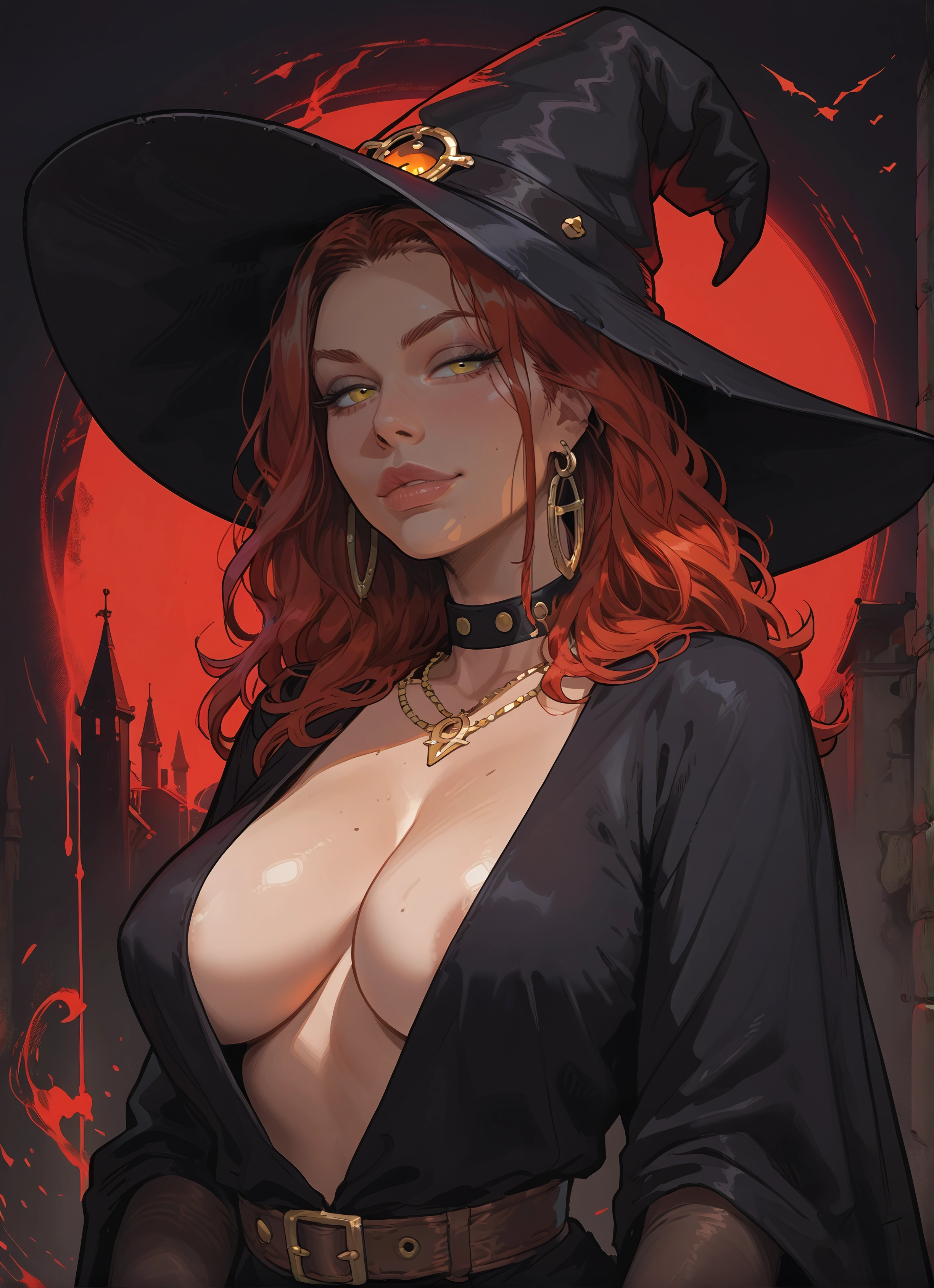 1girl, breasts, hat, witch hat, jewelry, earrings · Yamete.gg