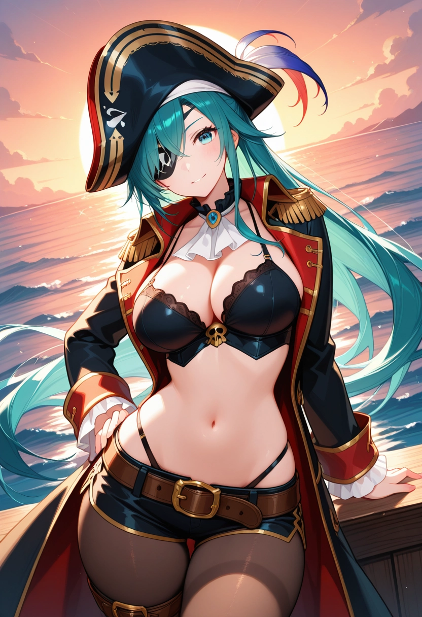 1girl, solo, breasts, pirate hat, long hair, navel · Yamete.gg