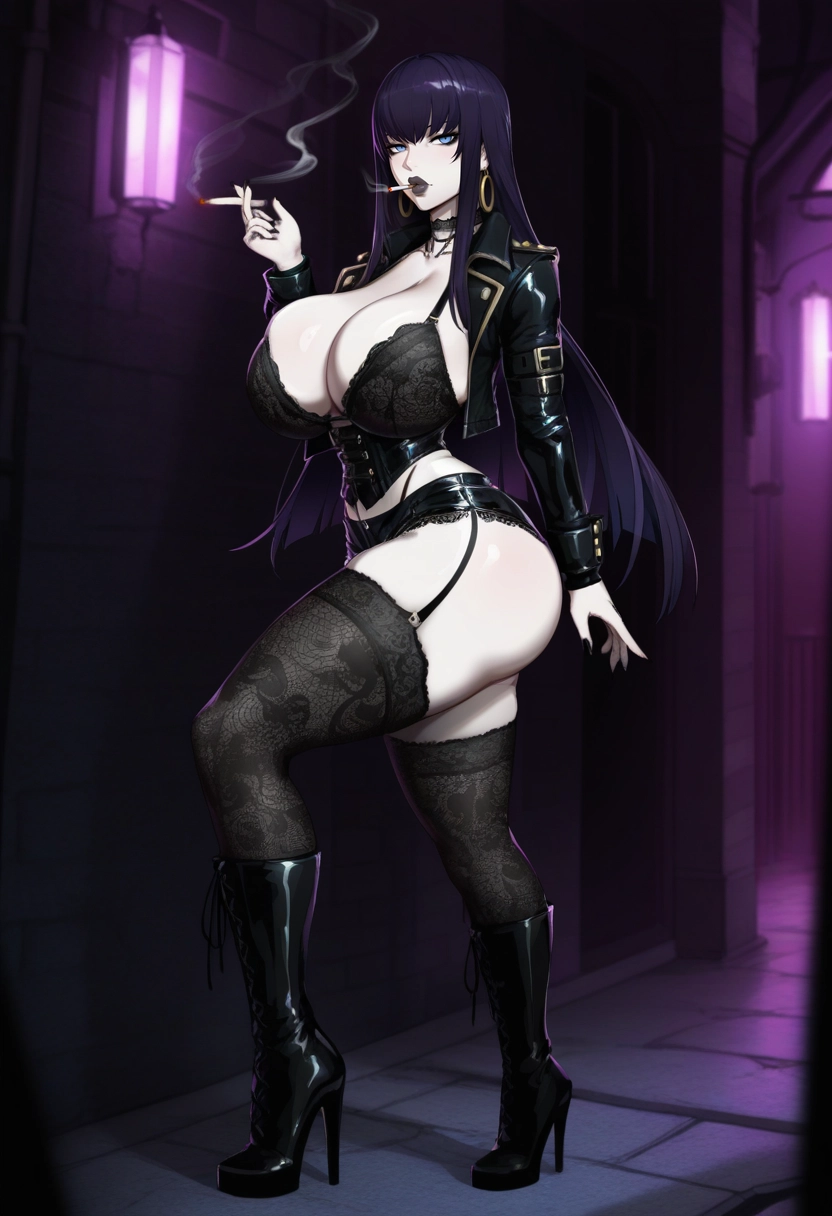 1girl, cigarette, breasts, smoking, black lips, boots