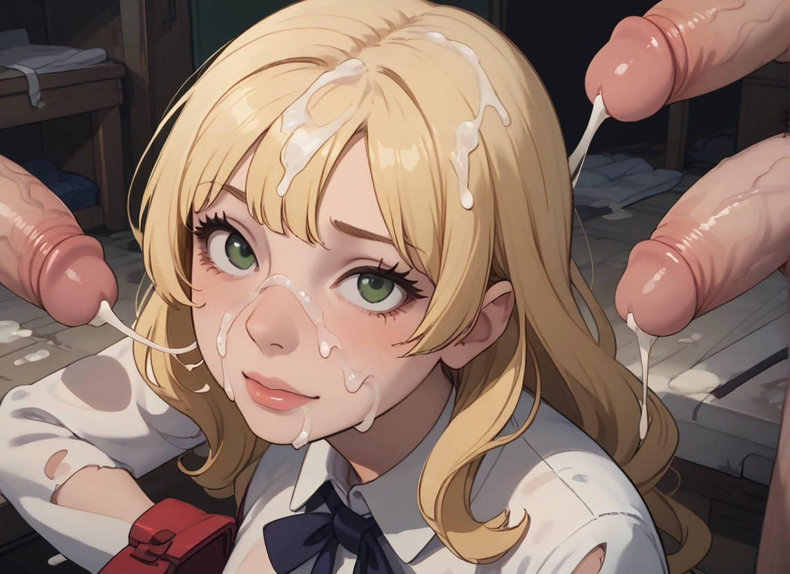1girl, green eyes, blonde hair, cum, multiple boys, uncensored · Yamete.gg