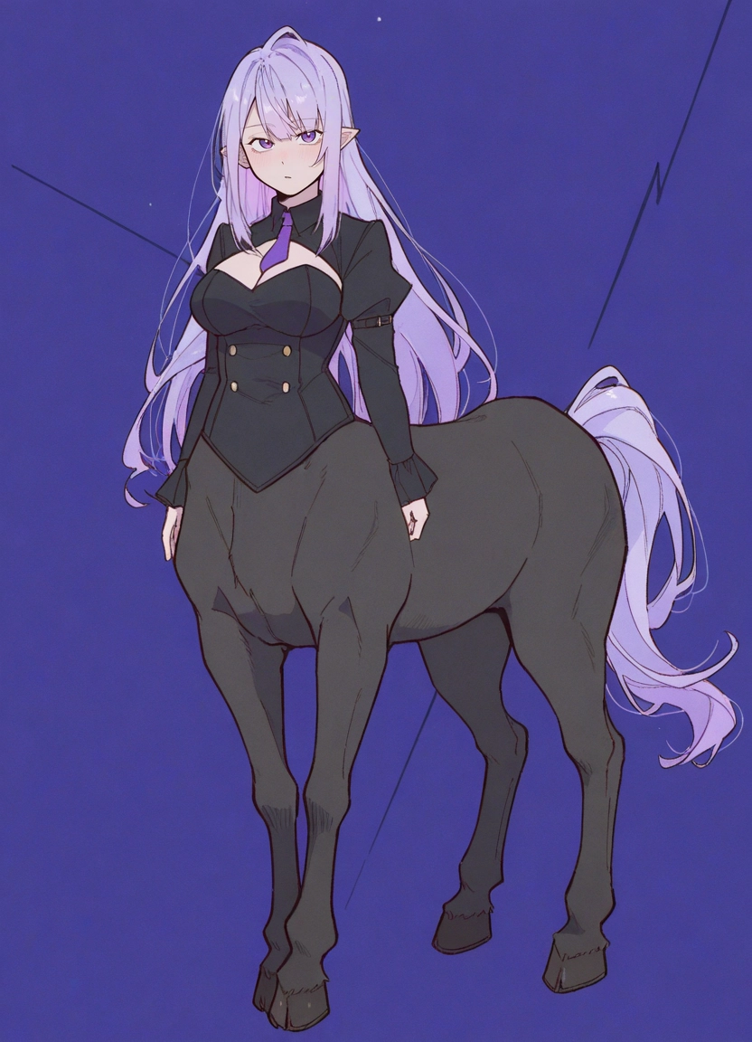 1girl, taur, solo, breasts, purple eyes, long hair
