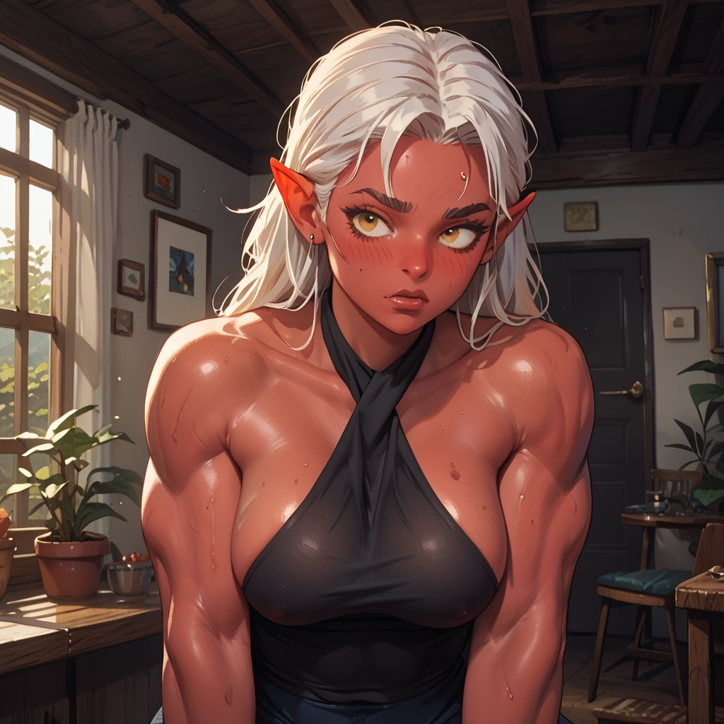 1girl, pointy ears, breasts, muscular, muscular female, solo
