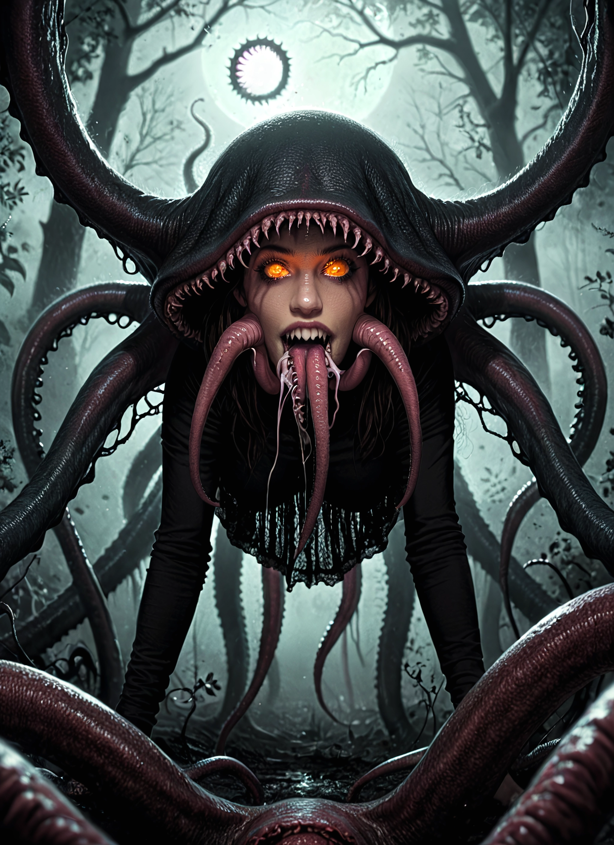 tentacles, tongue, teeth, glowing, moon, tree · Yamete.gg