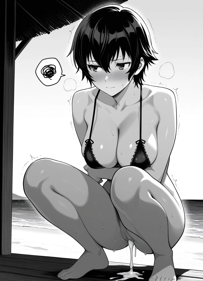 1girl, greyscale, monochrome, breasts, solo, squatting · Yamete.gg