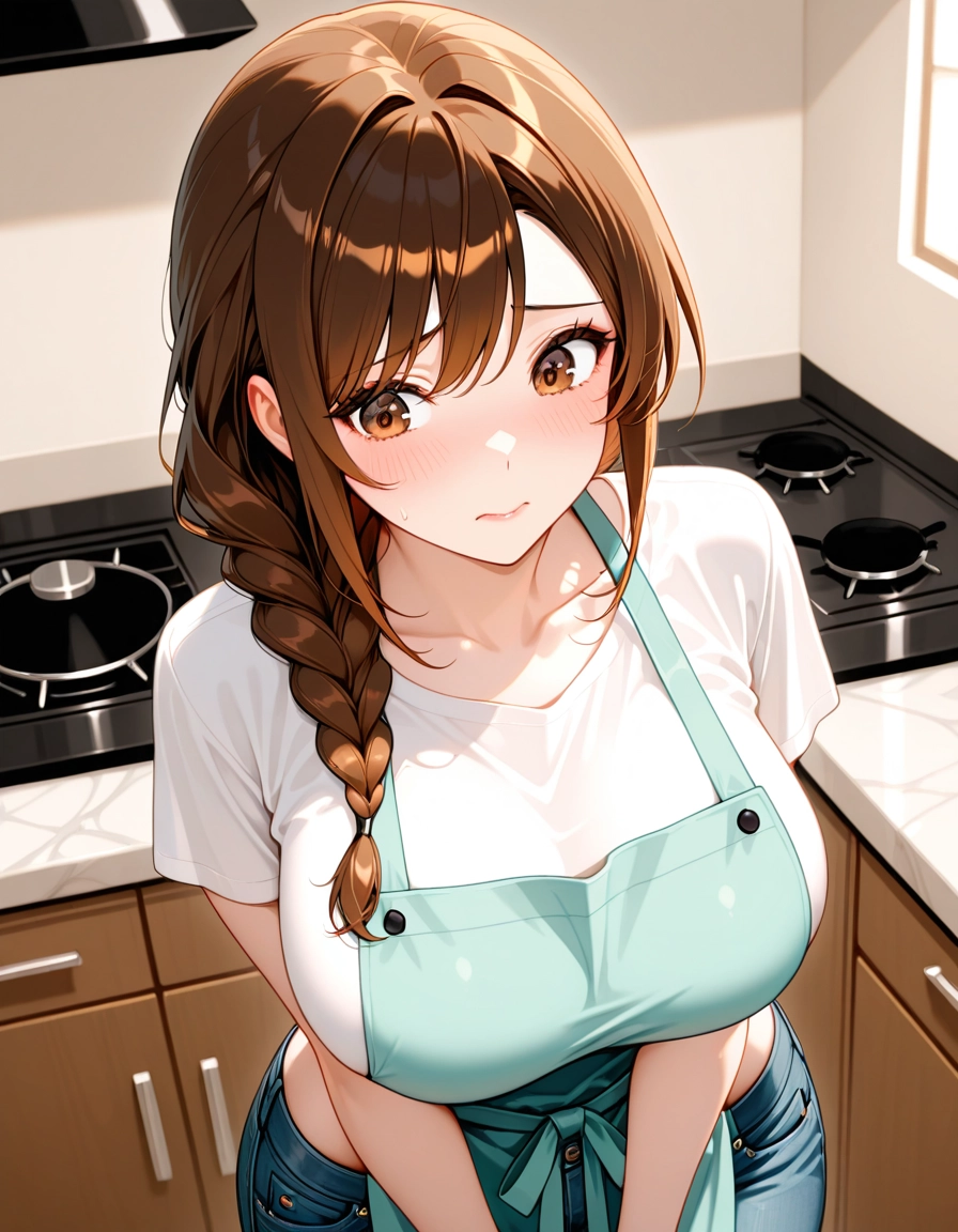 1girl, breasts, denim, solo, brown hair, pants · Yamete.gg
