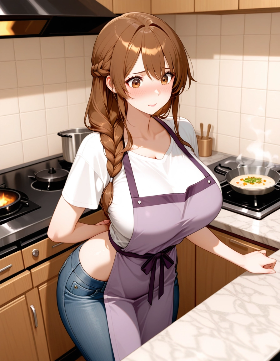 1girl, breasts, braid, denim, blush, jeans · Yamete.gg